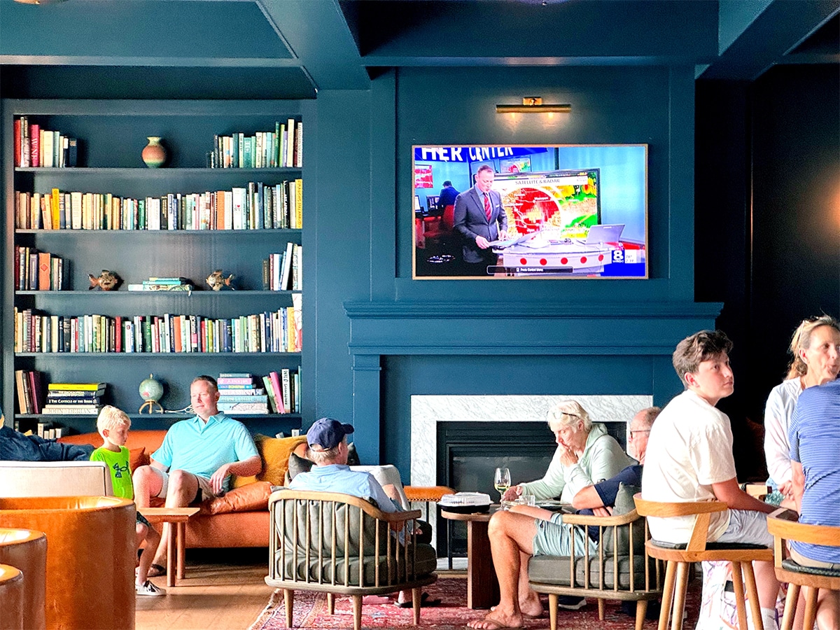 Guests gathered in the Library at the Lake House on Canandaigua during a tornado warning.